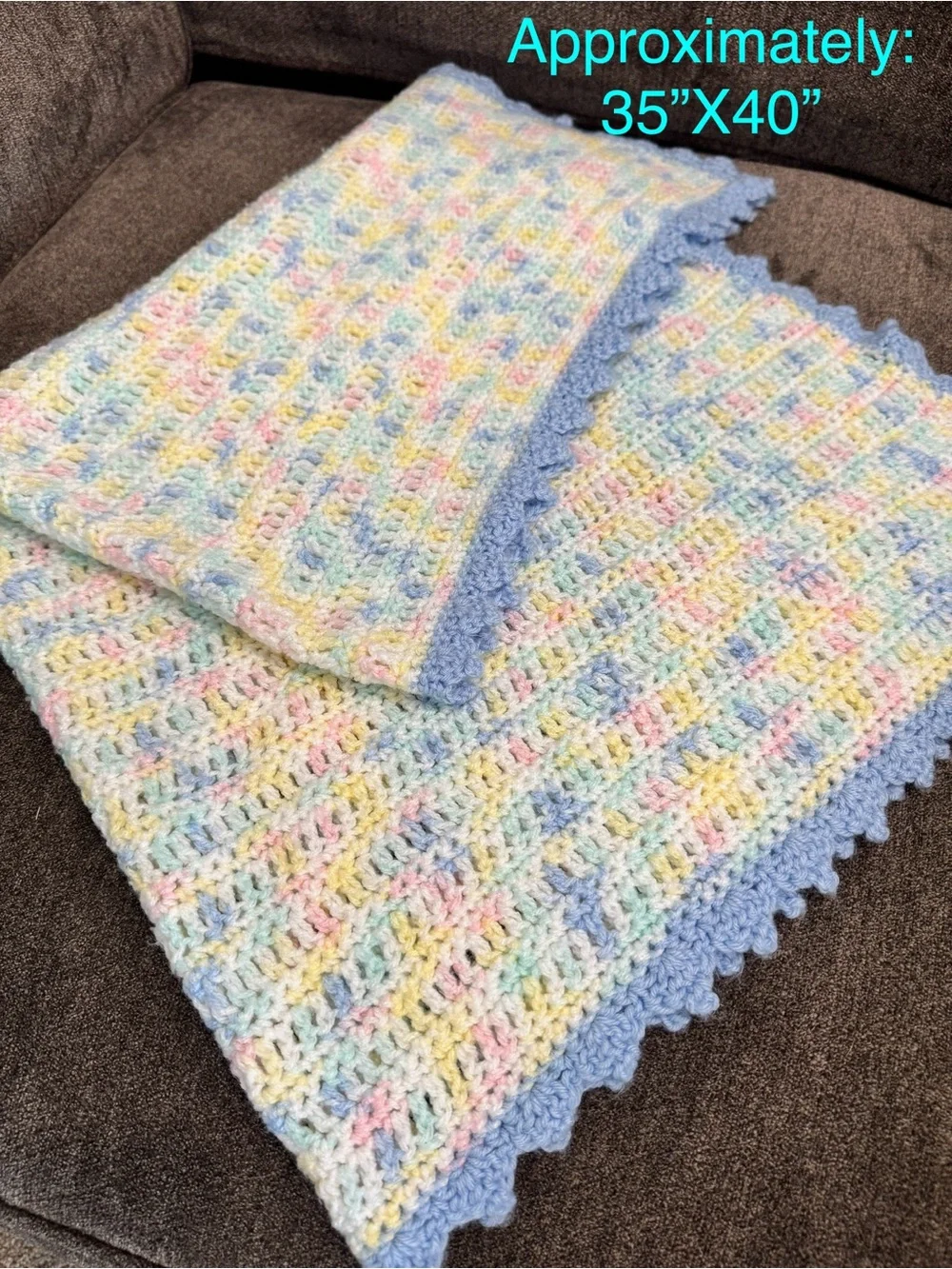 Handcrafted Pastel Multicolor Crochet Throw with Blue Edge. Nursery gift